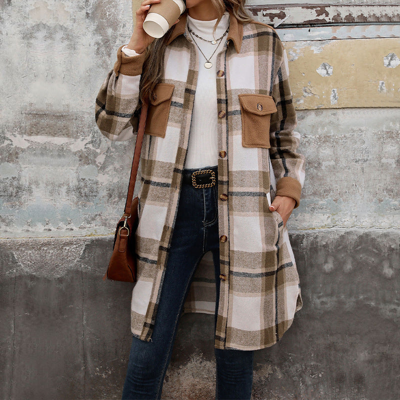 Nuevo abrigo largo a cuadros cepillado con bolsillos chaqueta de invierno a la moda prendas de vestir ropa de mujer