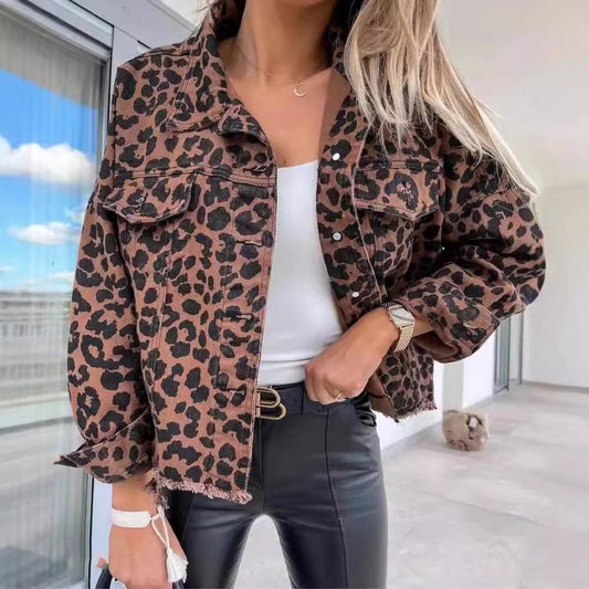 Chaqueta con estampado de leopardo y bolsillo para mujer Y2K, solapa de moda, abrigo vaquero de un solo pecho, ropa para mujer