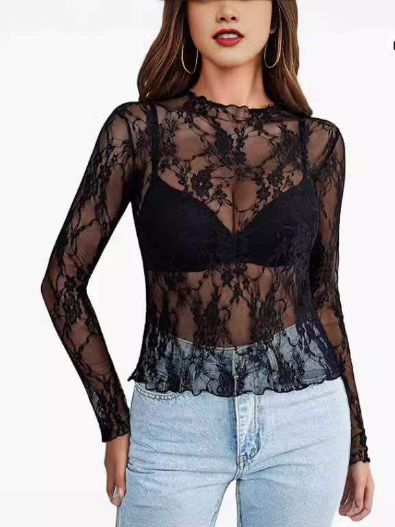 Top de malla para mujer, manga larga, transparente